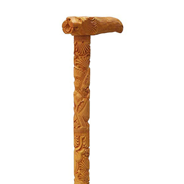 S9033-05 - Aadhyathmik Wooden Carved Lion Handel Hand Stick 21inch 200grams