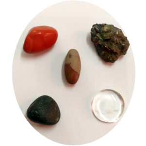 S9073-08-02 – Aadhyathmik Panchayatan Set of 5 Sacred Shilas Called 5S’s Namely Sonabhadra Swarnamukhi Salagram SuryaShila ShivlingBanalingNarmadeeswar 1inch 66grams