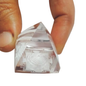 S9098-08 - Aadhyathmik Beautiful SriYantra SriChakram Carving in Original Pure Sphatik Pyramid 1inch 22grams