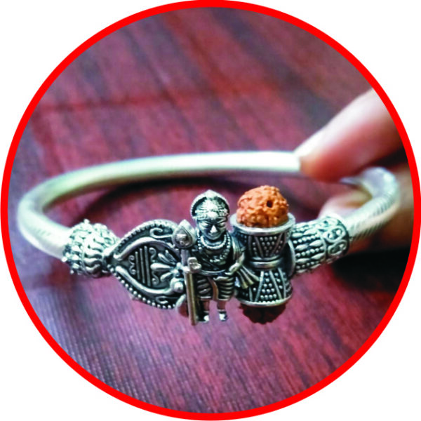 S9001-45 - Aadhyathmik Silver Plated Bracelet for Men and Women Subrahmanya Karthikeya Adjustable Twistable Traditional Kada Soolam Kankan Vel Rudraksha Kaapu Light Weight Jewellery 16grams