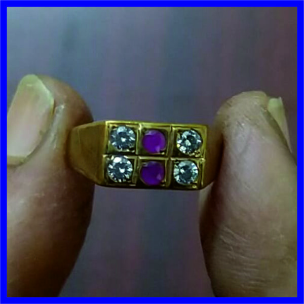5LR0004 – Aadhyathmik Surya Sukra Two Line Red and Transparent American Diamond Panchaloha Aimpon Panjalogam Panchalogam Panchadathu Ring