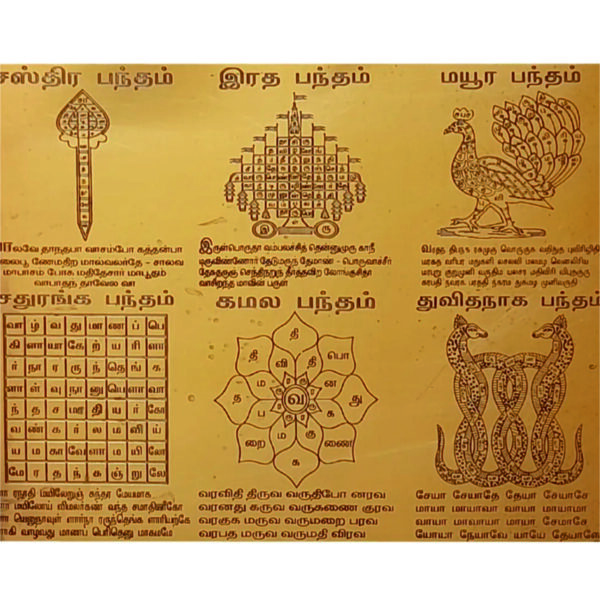 S9113-06 - Aadhyathmik Pamban Srimath Kumaragurudasa Swamigal Aruliya 6 Yantras in 1 Yantra Sastra Bandam Ratha Bandham Mayura Bandham Chaduranga Bandham Kamala Bandham Dwidha Naga Bandham Yantra in Copper 8*6 Inch 108grams